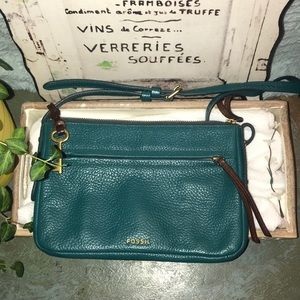 Fossil beautiful teal and brown crossbody leather